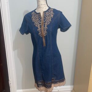 NWOT Denim and Tan Embroidered Dress Size Small